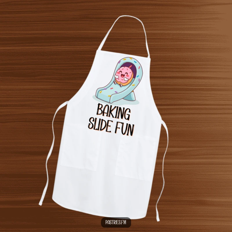 Funny apron featuring a happy donut character giggling as it slides down a fun, sprinkle-studded amusement slide.