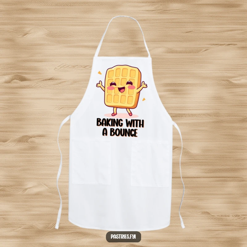 Funny apron with a delighted waffle character doing a happy dance, ideal for kitchen fun and breakfast lovers.