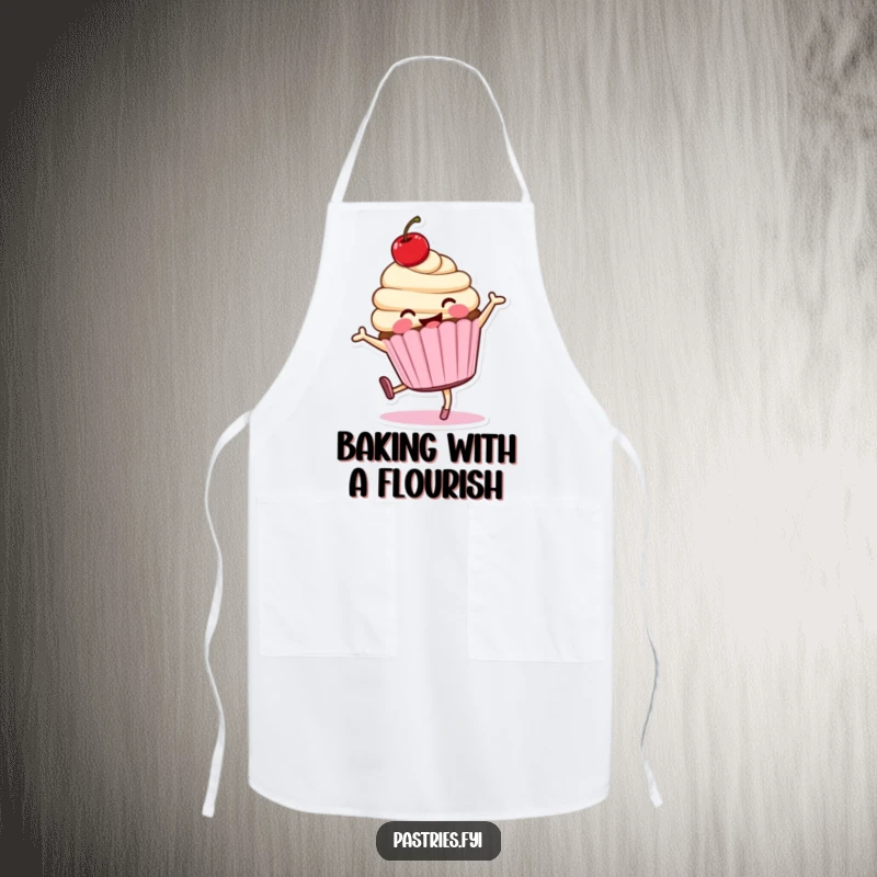 Funny cartwheeling cupcake character apron, smiling and energetic, perfect for kitchen fun.