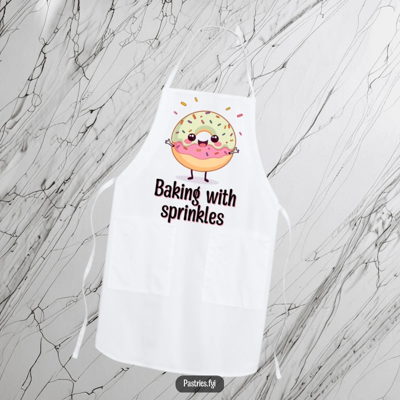 Funny apron depicting a happy donut character juggling sprinkles, perfect for adding humor to baking.