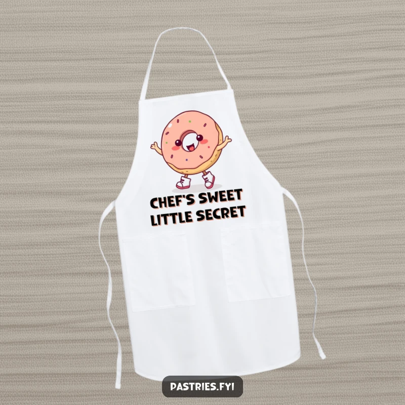 Funny donut character in tiny boots performing a lively jig while cooking, a humorous and practical apron.