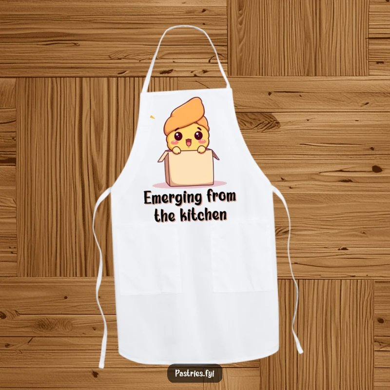 Funny chef apron depicting a surprised croissant character comically popping out of a box, inspired for kitchen fun, a perfect funny gift.