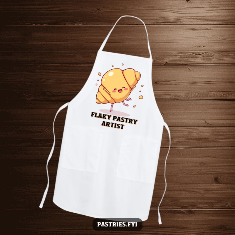 Funny croissant cartwheel apron featuring a croissant character with legs joyfully doing a cartwheel with pastry flakes flying, for humorous baking wear.