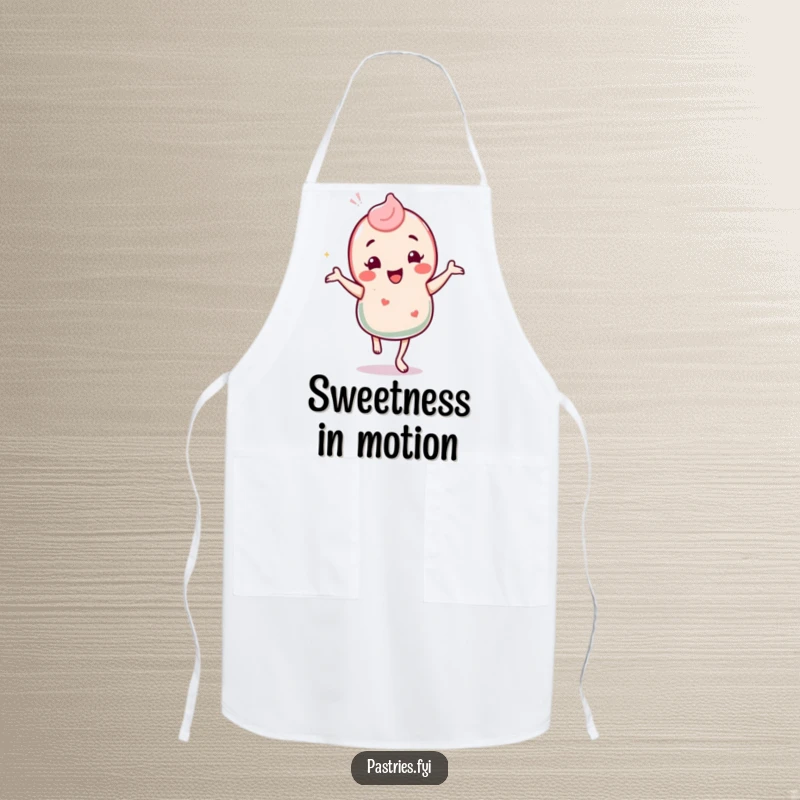 Funny apron depicting a happy candy character doing a silly jig, perfect for kitchen fun and spreading sweetness.
