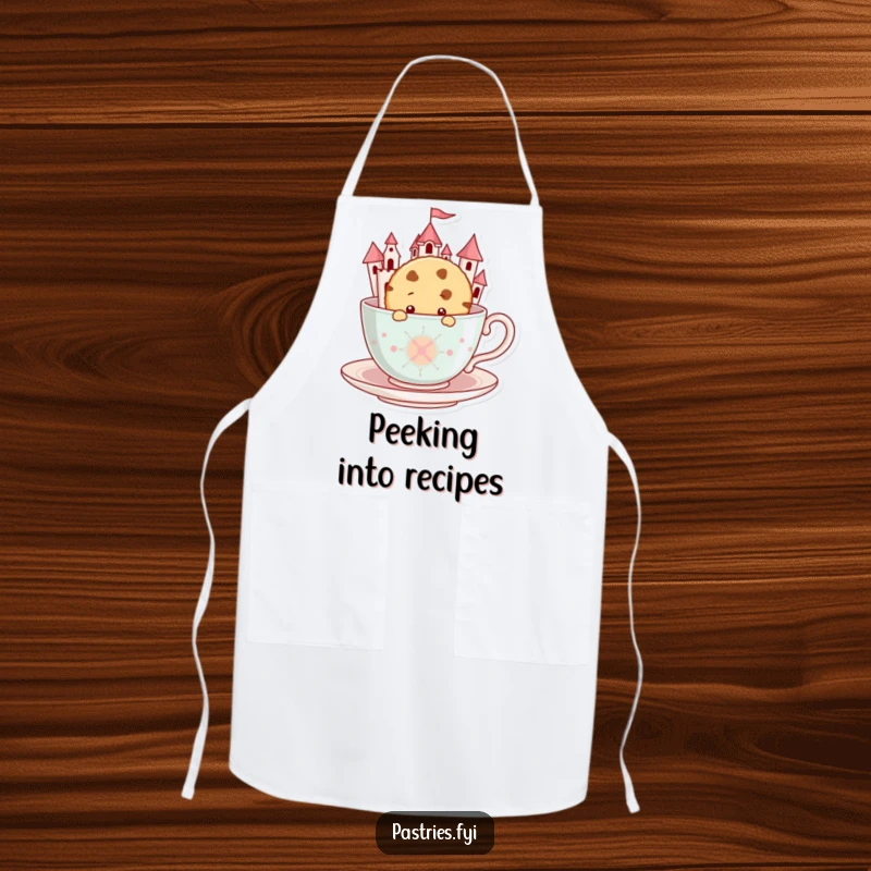 Funny Cookie Apron: A curious cookie peeks from a giant teacup castle while someone bakes, adding charm.