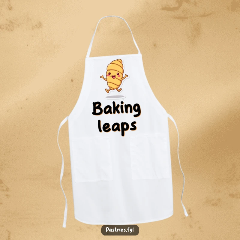 Funny apron depicting a cheerful croissant character doing a joyful little hop, perfect for adding cheer to cooking.
