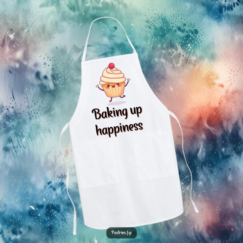 Funny cheerful cupcake with tiny legs, jubilantly hopping on an apron, making kitchen tasks sweet and fun, a perfect funny gift.