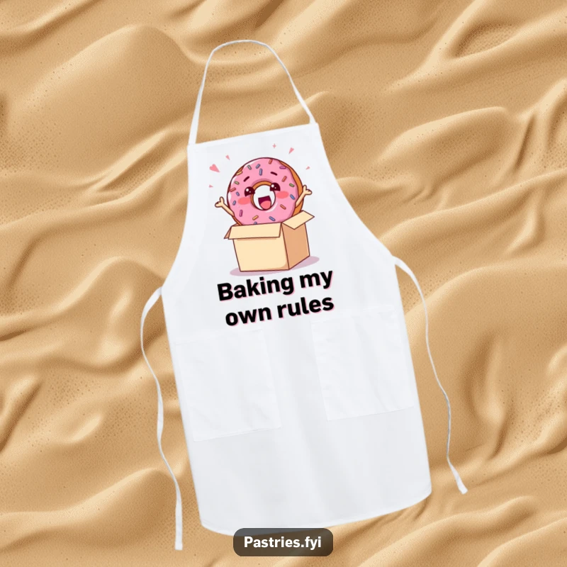 Funny apron featuring a happy donut character with sprinkles, bursting excitedly out of a box, perfect for kitchen fun.