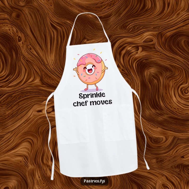 Funny donut character dancing with sprinkles flying, featured on a kitchen apron. Adds fun to cooking.