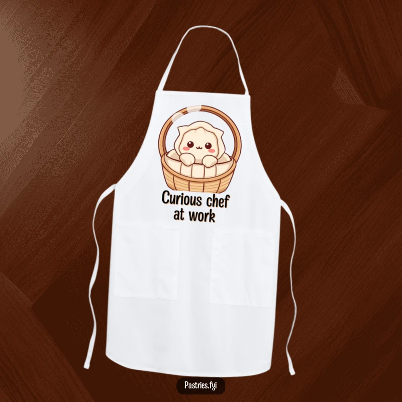 Funny dumpling apron with a Kawaii character peeking from a basket, ideal for a chef with a curious flair.