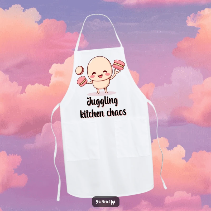 Funny macaron character giggling while juggling smaller macarons, featured on a functional apron, making kitchen tasks more amusing.
