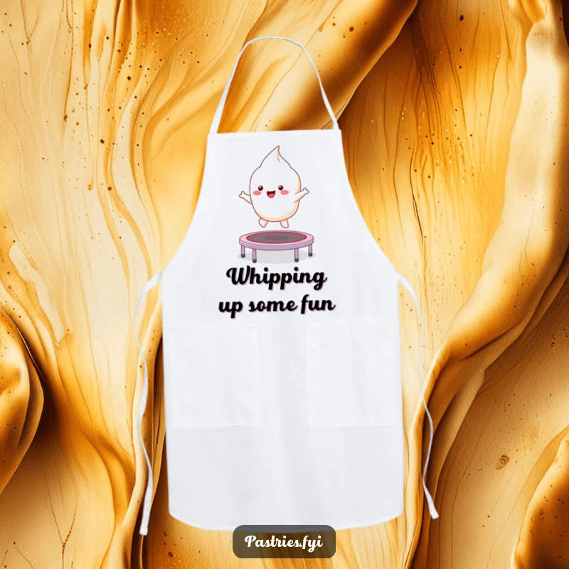 Funny kawaii meringue character bouncing energetically on a trampoline while cooking, a humorous and practical apron.