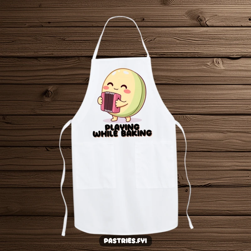 Funny Apron depicting a round macaron character enthusiastically playing a tiny accordion, designed for kitchen use with a humorous and charming musical theme.