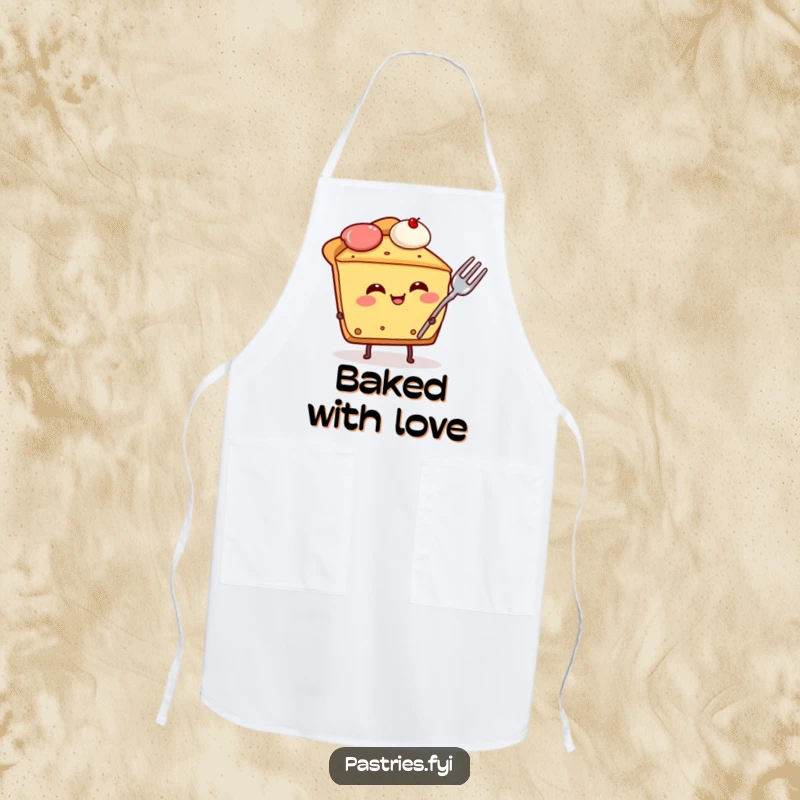 Funny pie slice character apron, shown giggling gleefully with a fork stuck in its side, a humorous kitchen accessory for bakers.