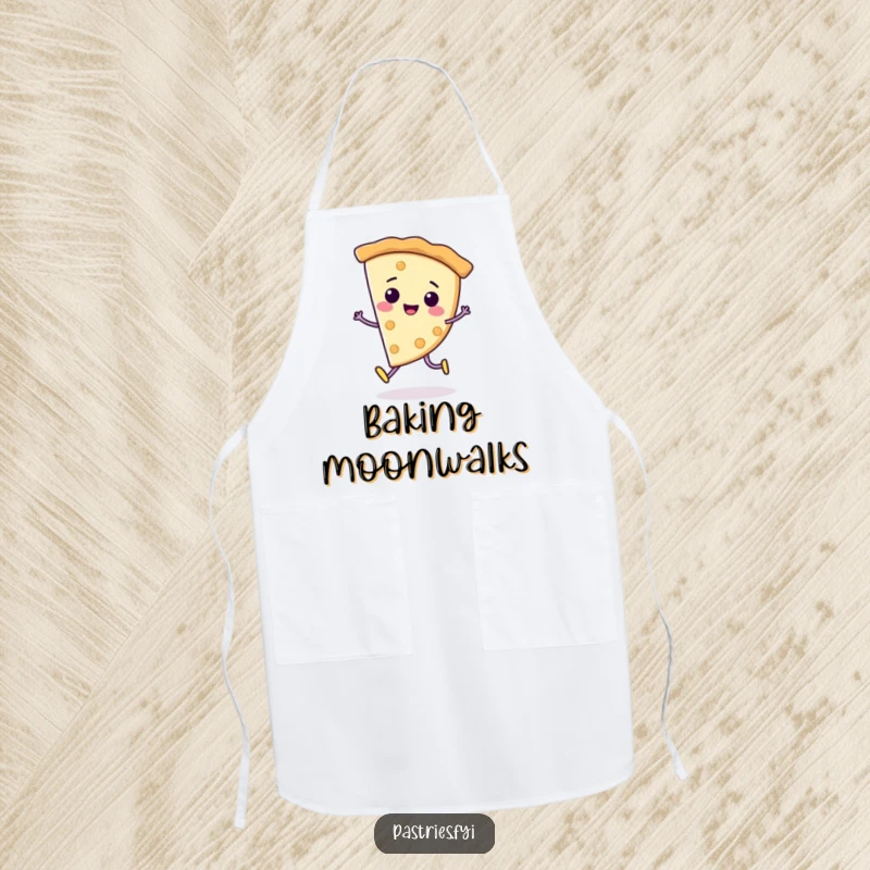 Funny Apron: A cheerful pie slice character performing a smooth moonwalk, ready for kitchen fun with a retro vibe.