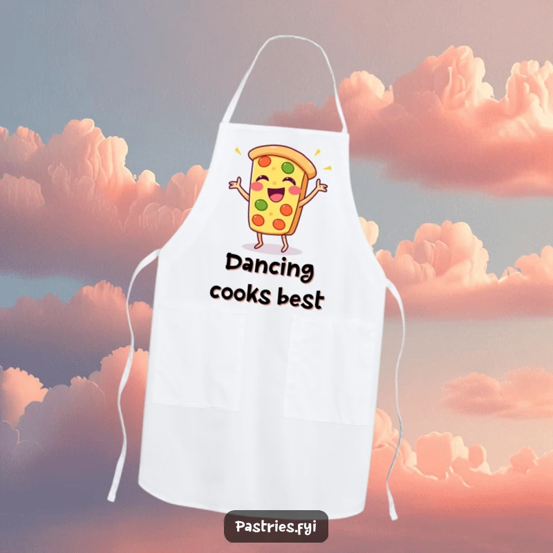 Funny pizza slice apron with a lively Kawaii character performing a dance, perfect for a humorous cook.