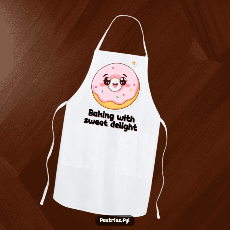 Funny apron showing a wide-eyed donut character spinning with delight, ready to add a touch of sweetness to any task.