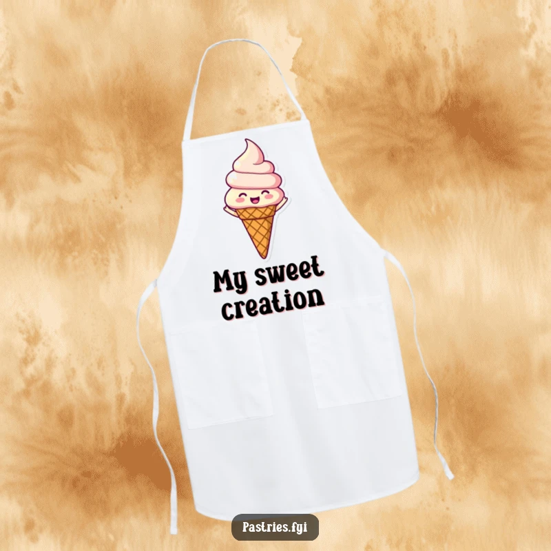 Funny apron depicting a happy ice cream cone character spinning joyfully, perfect for kitchen fun and spreading sweetness.