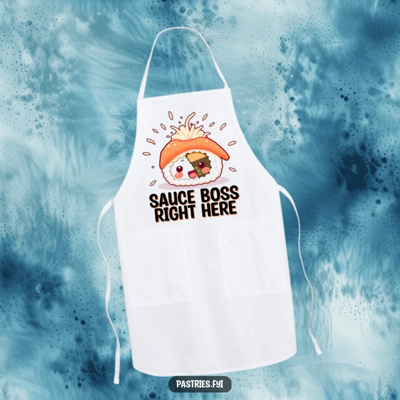 Funny sushi apron depicting an excited sushi roll with rice scattering, adding a playful touch to cooking and kitchen activities, a chef's delight.
