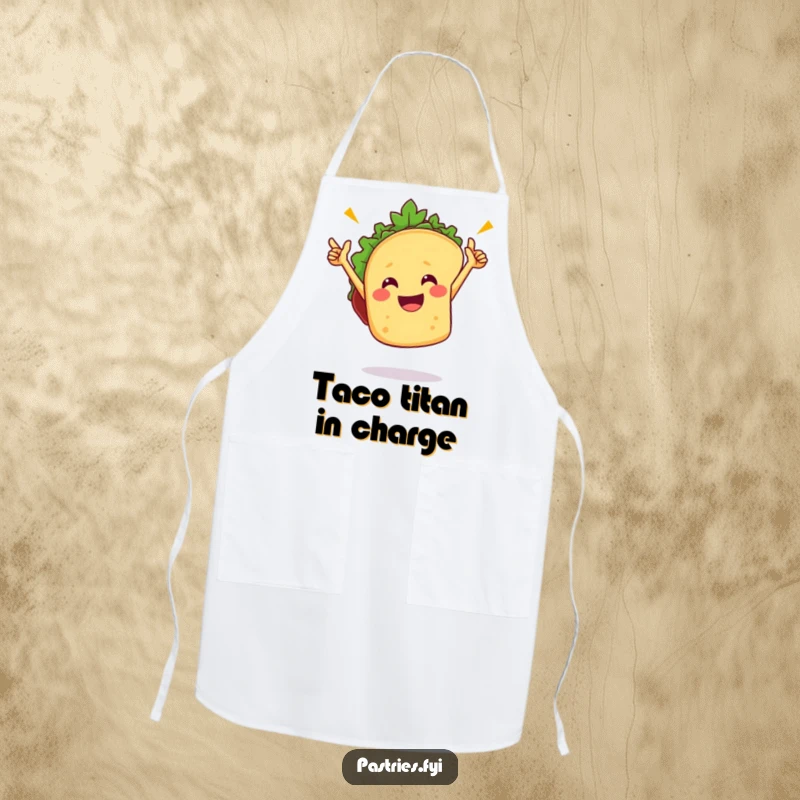 Funny taco apron featuring a happy taco character dancing joyfully, perfect for adding a festive and fun element to kitchen duties.
