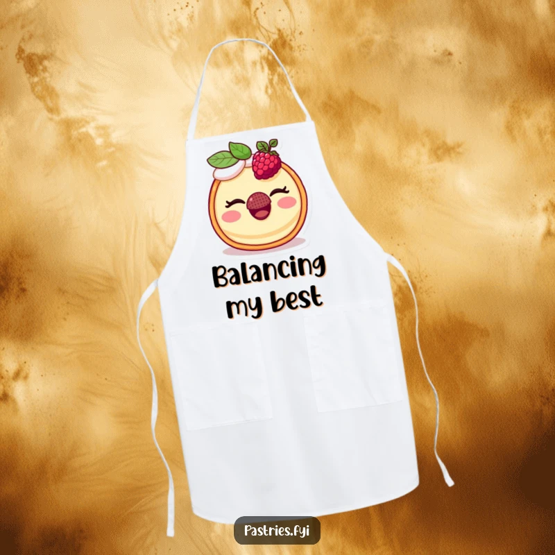 Funny apron showcasing a smiling tart winking and balancing a raspberry on its nose, perfect for a humorous kitchen.