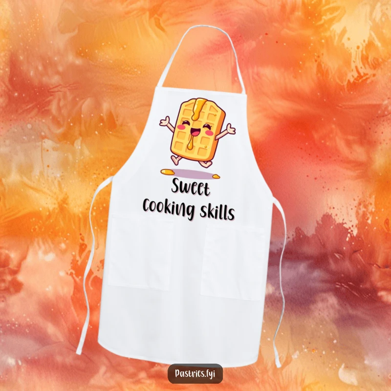 Funny Waffle Apron: A happy waffle character with syrup drips performs a jumping jack, adding a fun and energetic twist to your cooking.