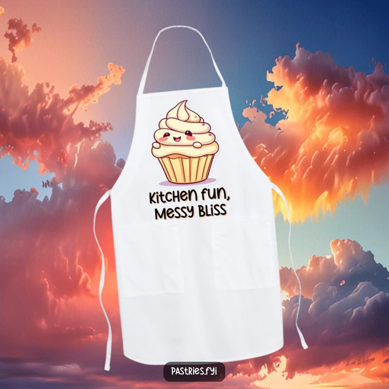 Funny chef apron depicting a giggling cupcake character joyfully sliding down a creamy swirl of frosting, designed for kitchen fun, a funny gift.