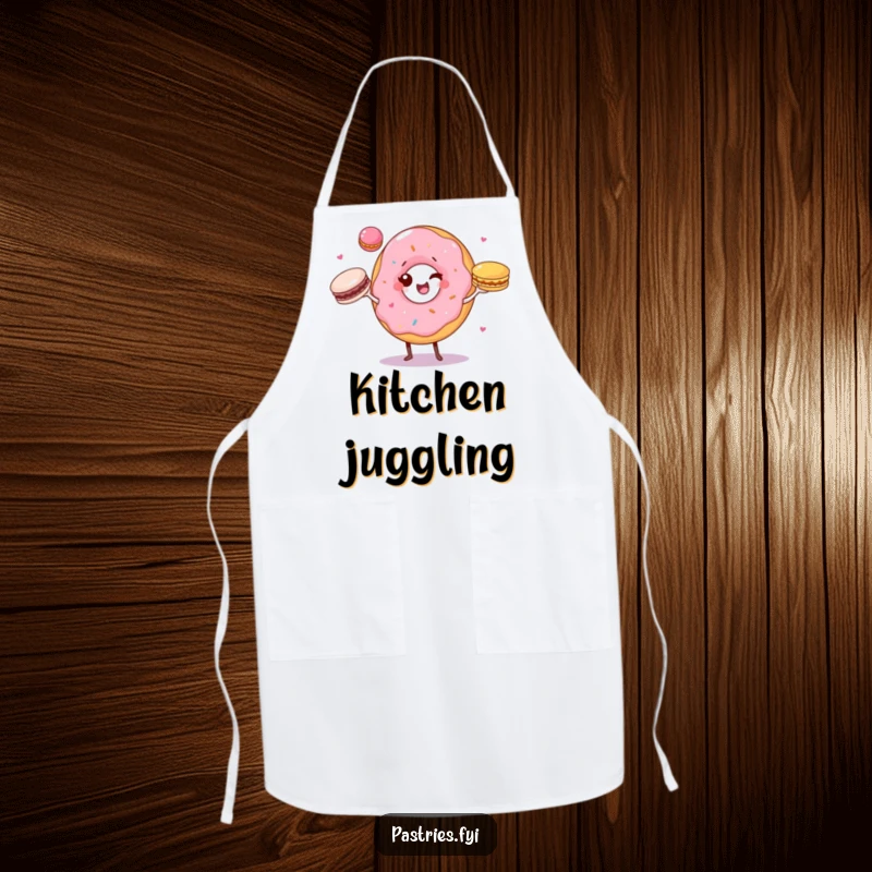 Funny apron depicting a winking donut character juggling three colorful macarons, adding a cheerful vibe to kitchen duties.