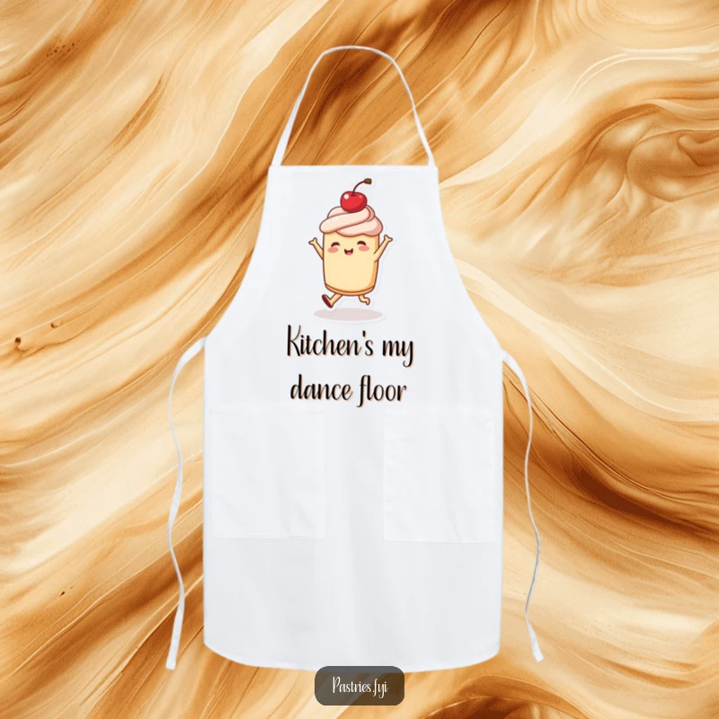 Funny chef apron depicting a joyful pastry character dancing with a cherry on top, designed for kitchen fun and celebration, a funny gift.