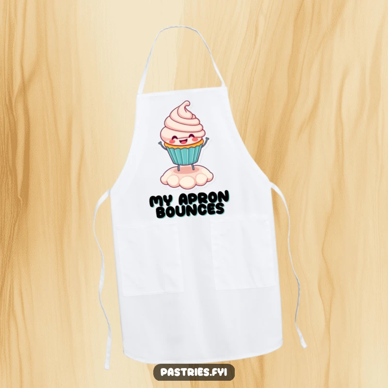 Funny smiling cupcake character bouncing on its frosting on a chef's apron, perfect for joyful baking.