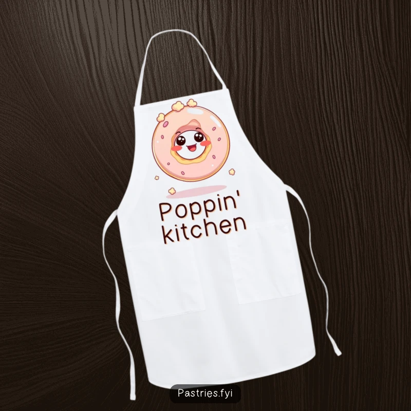 Funny apron depicting a giggling donut hole character bouncing like popcorn, perfect for adding cheer to cooking.