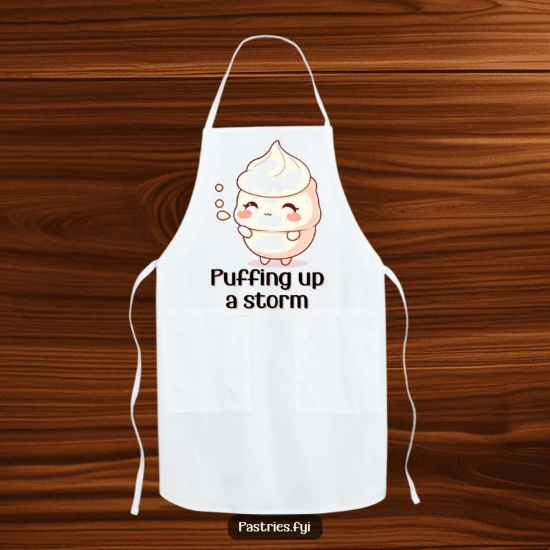 Funny meringue apron with a shy character offering a puff of air, adding a gentle touch to kitchen activities.