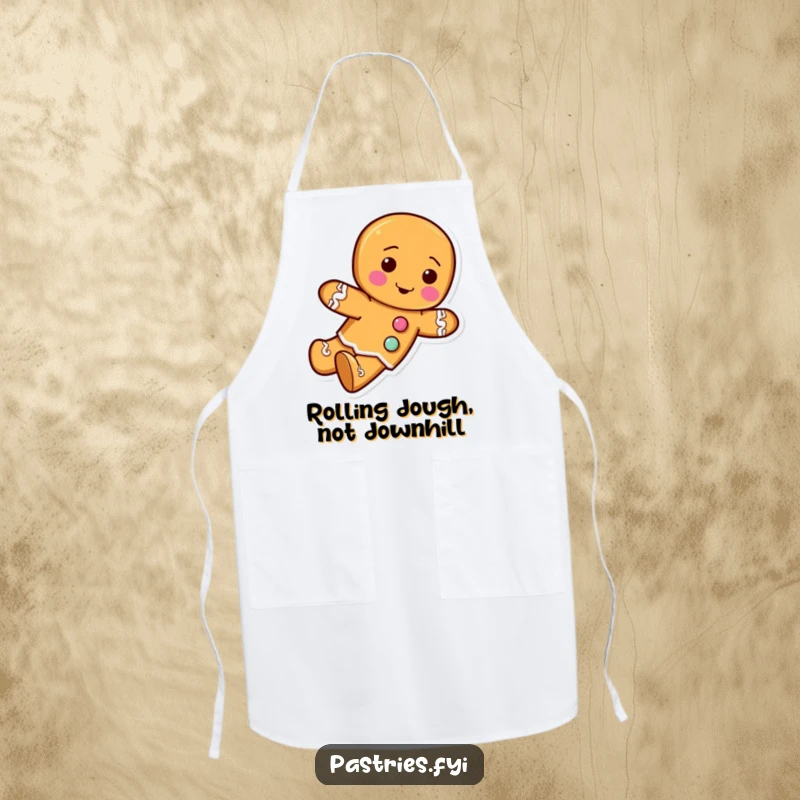 Funny apron design of a gingerbread man character with frosting buttons, tumbling forward with festive holiday cheer for the kitchen.