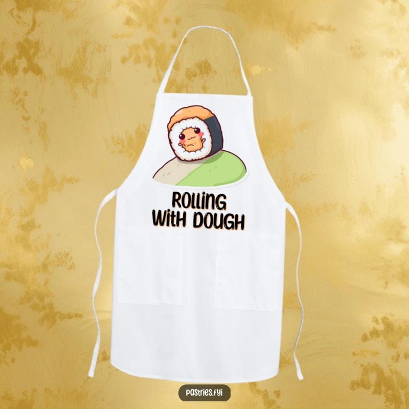 Funny sushi roll character playfully rolling down a hill on a chef's apron, perfect for adding humor to cooking.