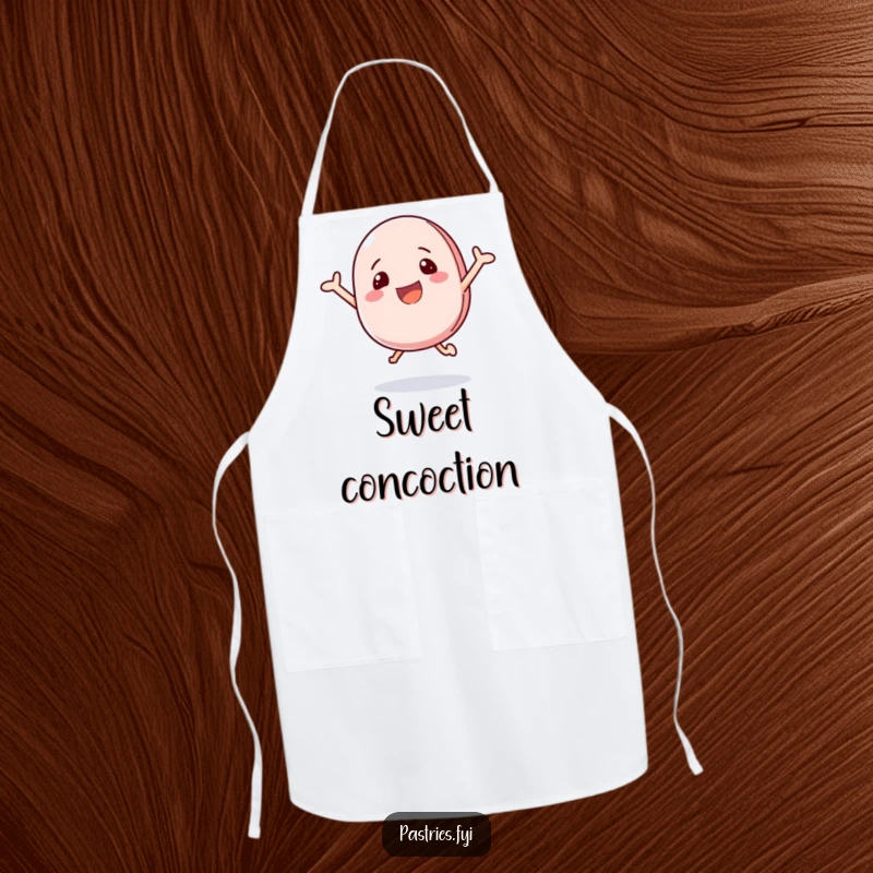 Funny apron showing a happy macaron character bouncing with excitement, ready for culinary fun.