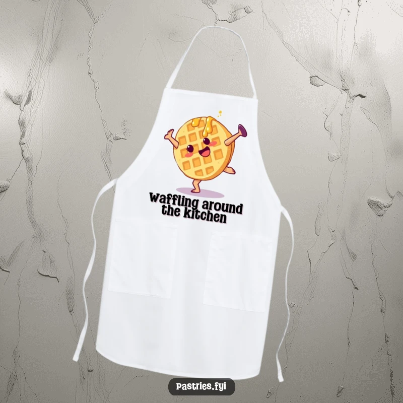 Funny waffle apron depicting a cartwheeling character with syrup, adding a playful touch to kitchen activities.