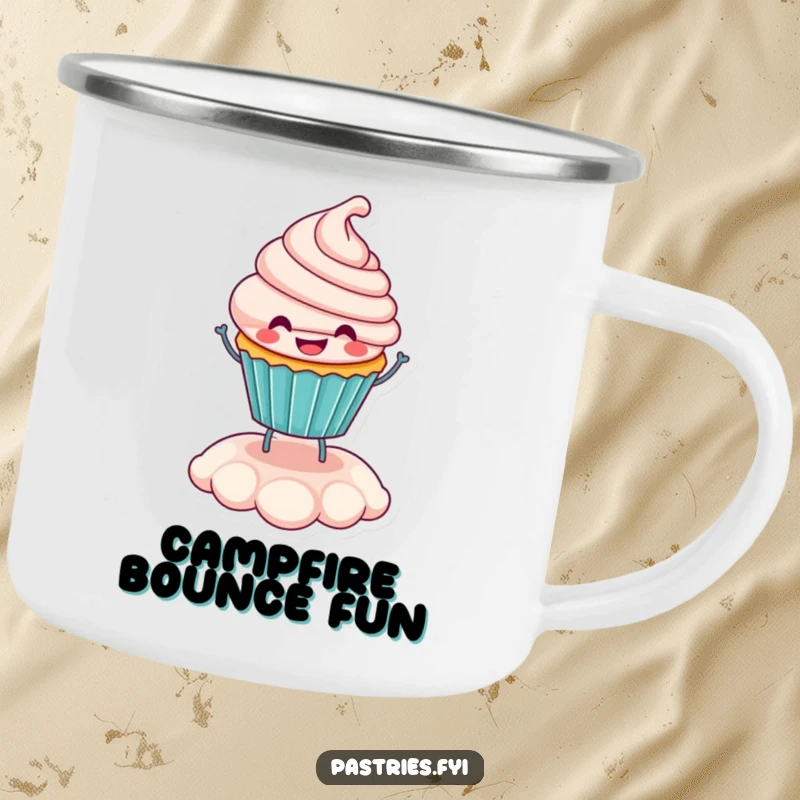 Funny smiling cupcake character bouncing on its frosting on a sturdy camping mug, ideal for cheerful outdoor enjoyment.