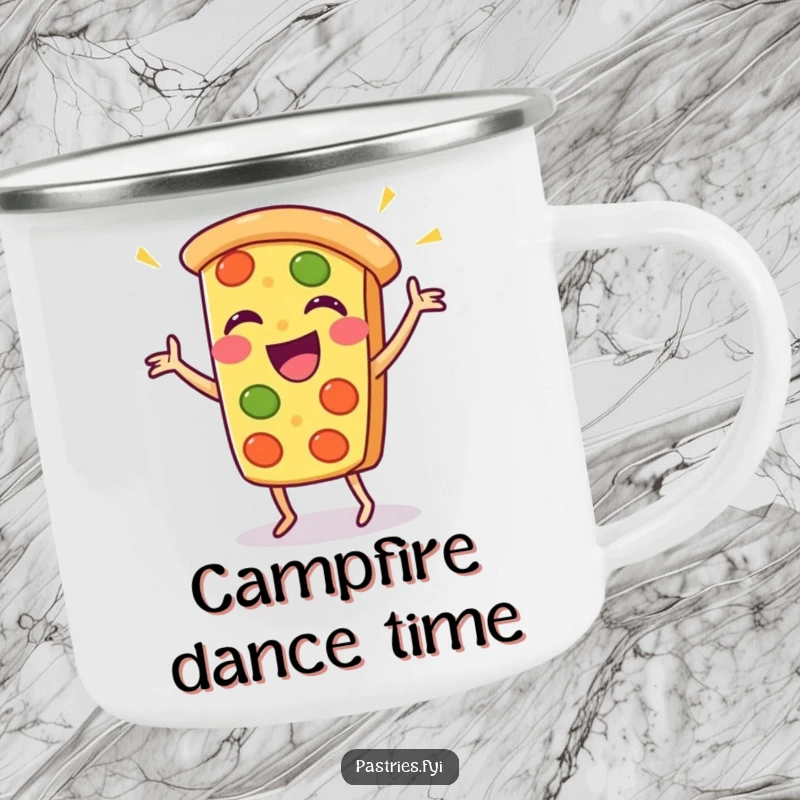 Funny pizza slice camping mug with a dancing Kawaii character, ready for outdoor fun and laughter.