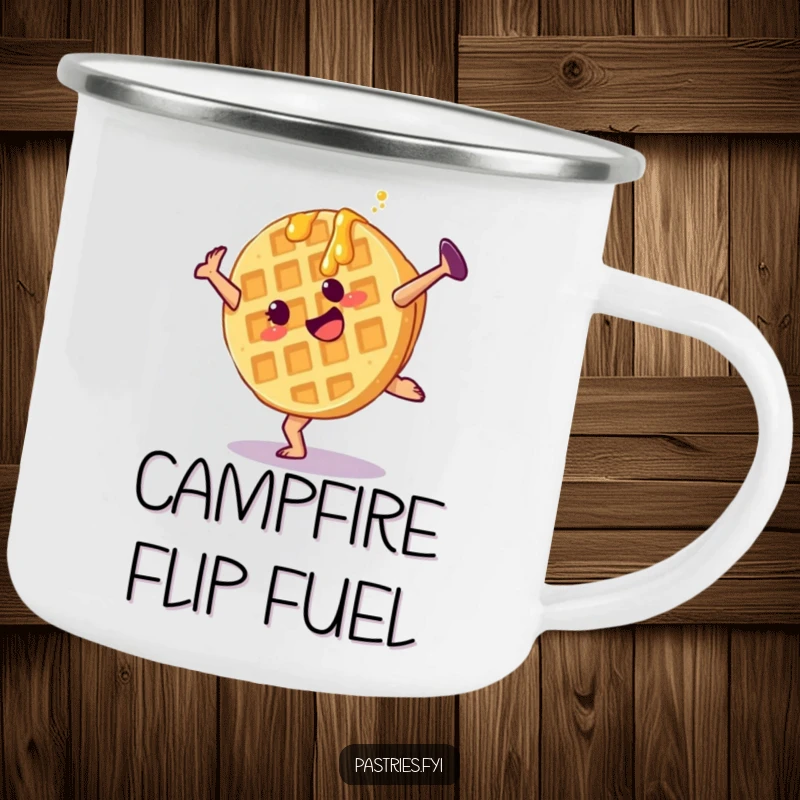 Funny waffle camping mug showing a cartwheeling character with syrup, perfect for outdoor enjoyment and breakfast vibes.