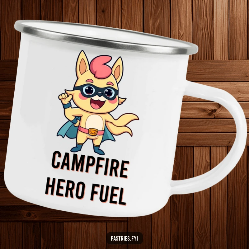 Funny Churro Camping Mug: A durable mug showing a churro in a confident superhero pose, ready for adventure.