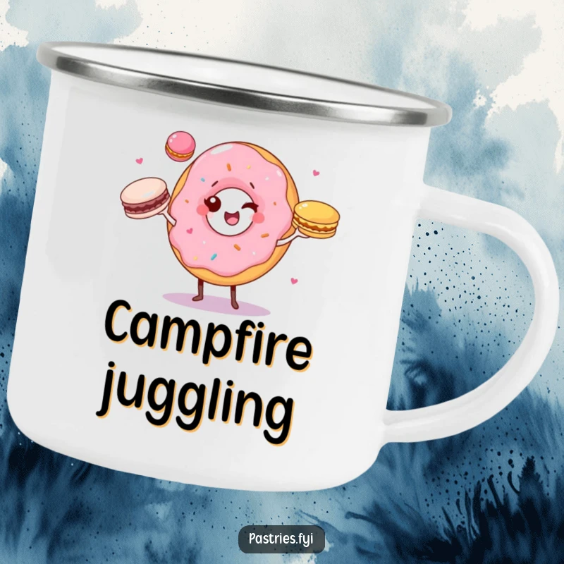 Funny camping mug with a winking donut character juggling three colorful macarons, designed for outdoor fun and sweet moments.