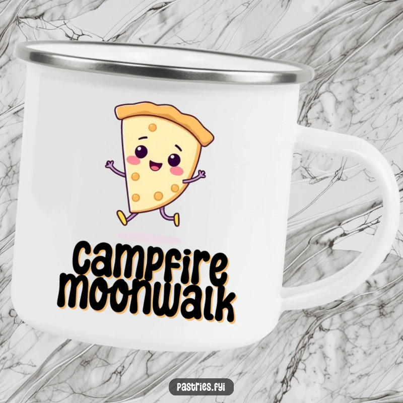 Funny Camping Mug: A cheerful pie slice character performing a smooth moonwalk, perfect for outdoor fun and retro vibes.