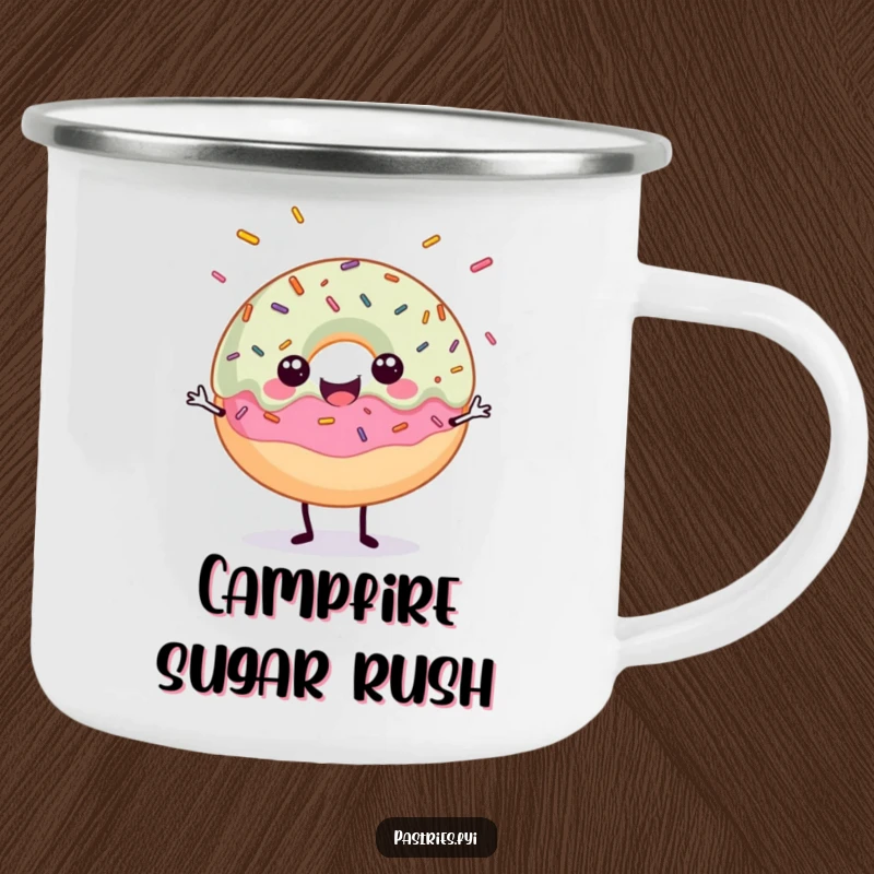 Funny camping mug with a happy donut character juggling sprinkles, bringing sweet fun to outdoor adventures.