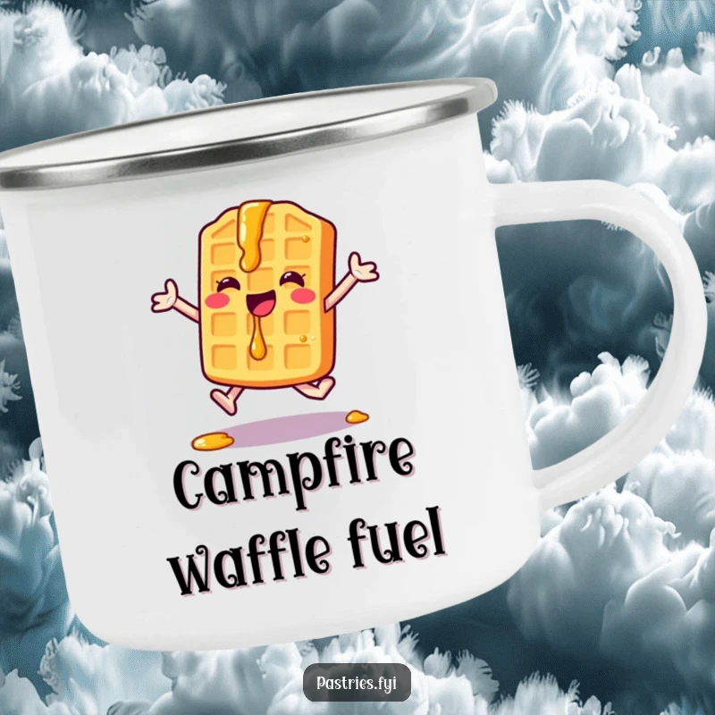 Funny Waffle Camping Mug: A happy waffle character performs a jumping jack with syrup drips, ready for energetic sips outdoors.