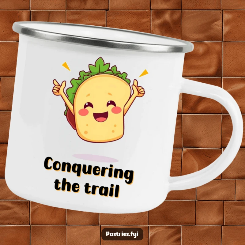 Funny taco camping mug with a dancing taco character, perfect for outdoor adventures and adding a festive spirit to your camping trips.