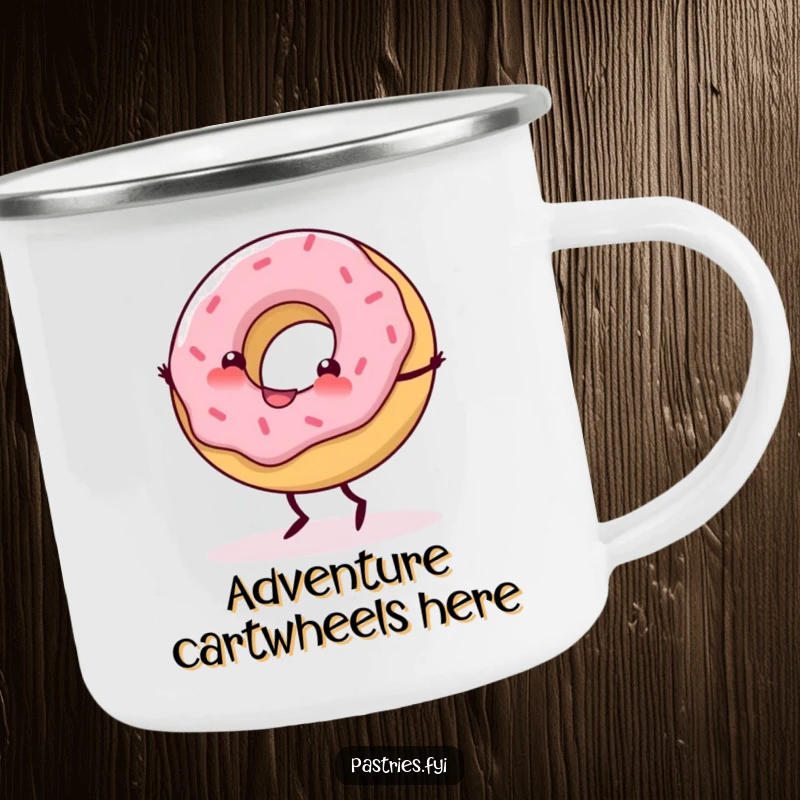 Funny Camping Mug showing a delighted donut with tiny legs doing a joyous cartwheel, ready for adventure.