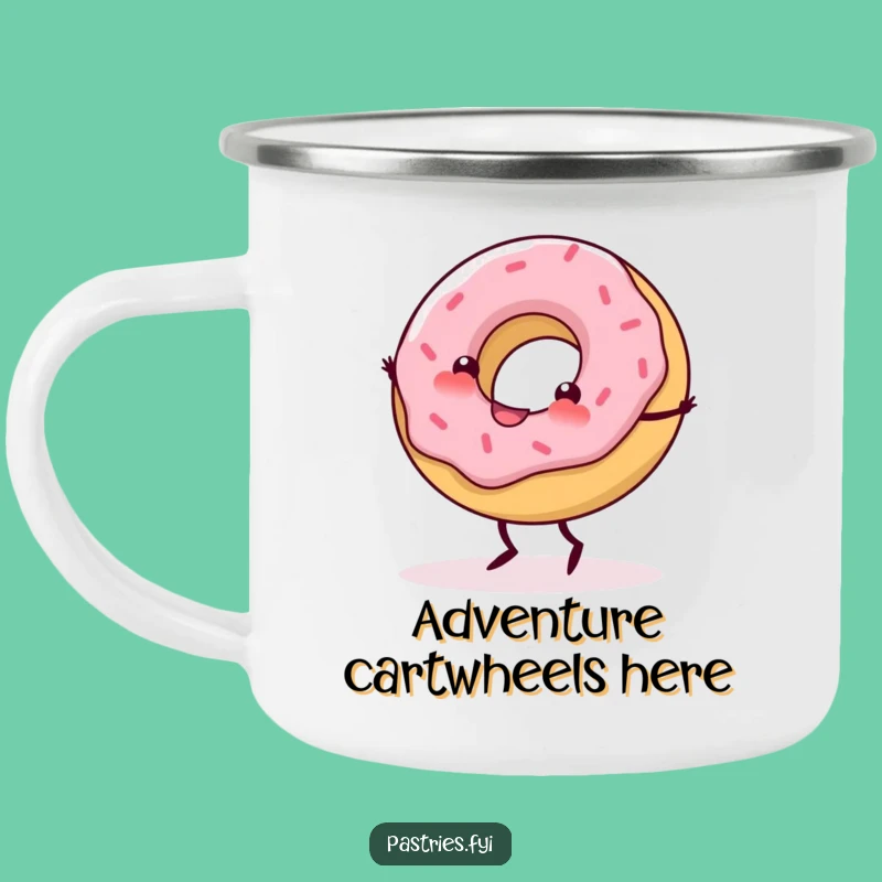 Funny Cartwheeling Donut Camping Mug: Enjoy Coffee with Sweet Energy - Perfect Gift!