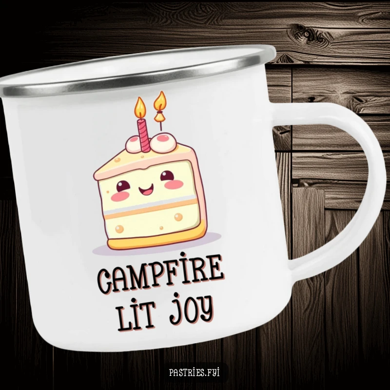 Funny cake slice camping mug with a joyful Kawaii character and lit candle, ready for festive adventures.
