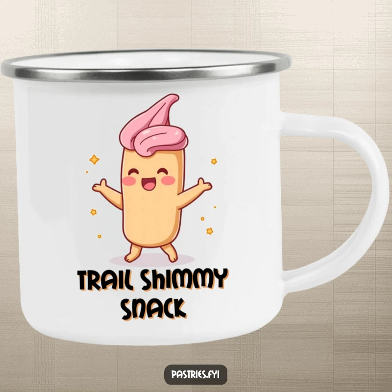 Funny churro camping mug showing a shimmying character dusted in cinnamon sugar, perfect for outdoor enjoyment.