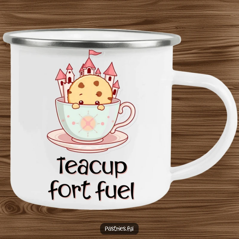 Funny Cookie Camping Mug: A durable mug showing a curious cookie peeking from a giant teacup castle.